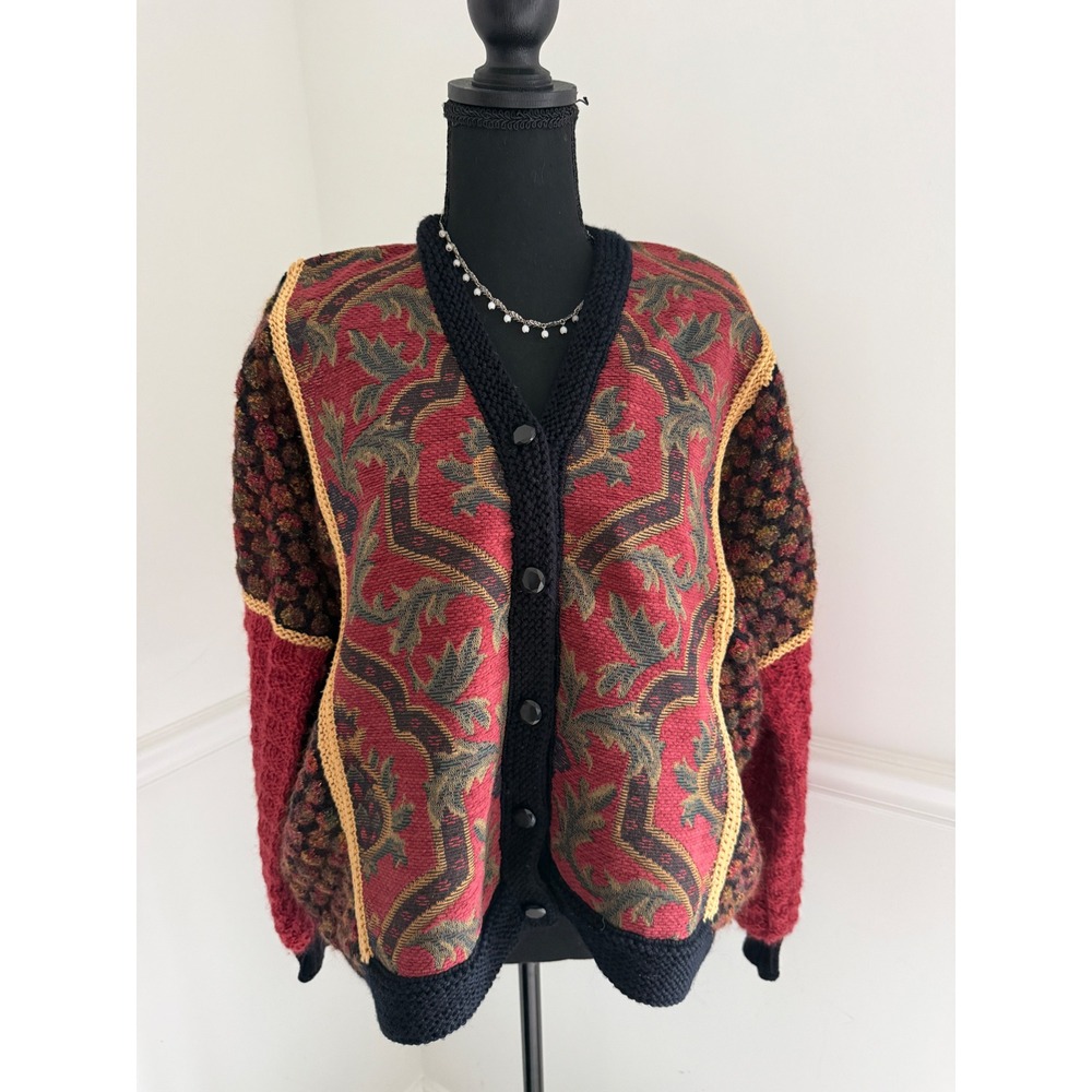 Vintage Tapestry wool Cardigan Boho Art-to-Wear popcorn‎ Knit Jacket eclectic L